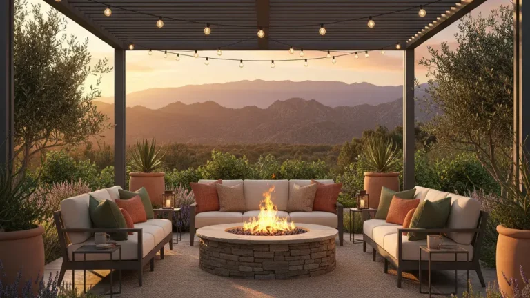Modern Denver outdoor living space with a pergola, fire pit, and string lights at golden hour