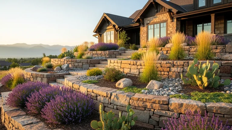 Multi-tiered natural stone retaining wall with xeriscape plantings in a Denver Colorado backyard