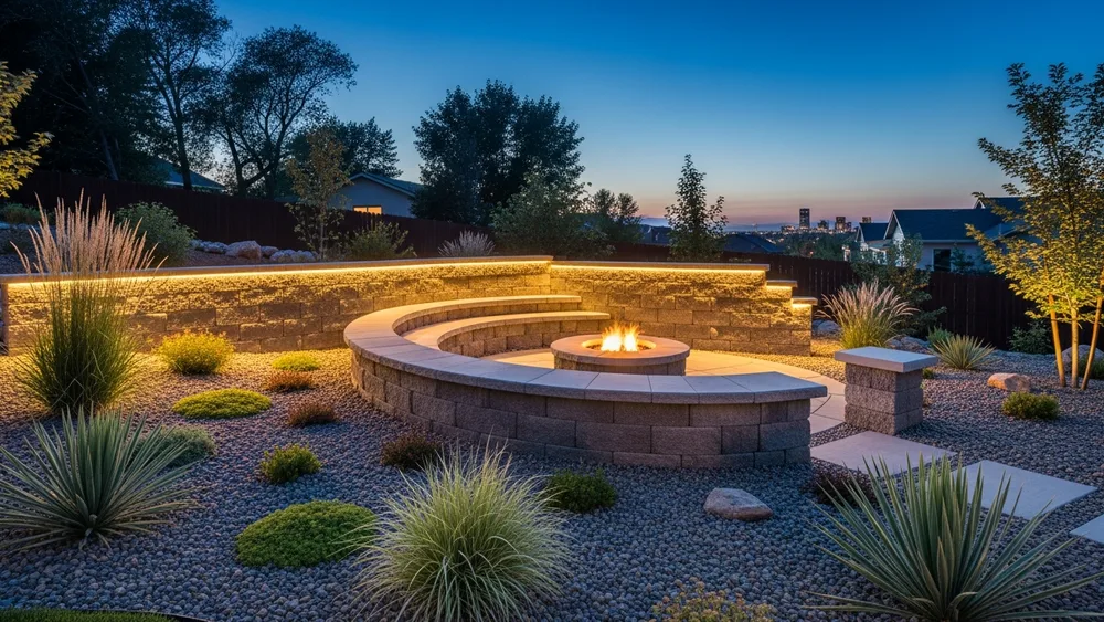 Modern concrete block retaining wall with LED lighting and fire pit seating area in Denver backyard
