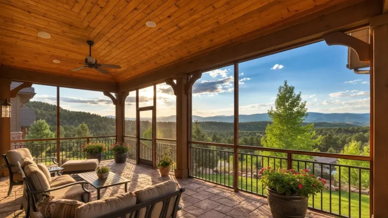 Screened porch with outdoor furniture overlooking a Colorado mountain landscape