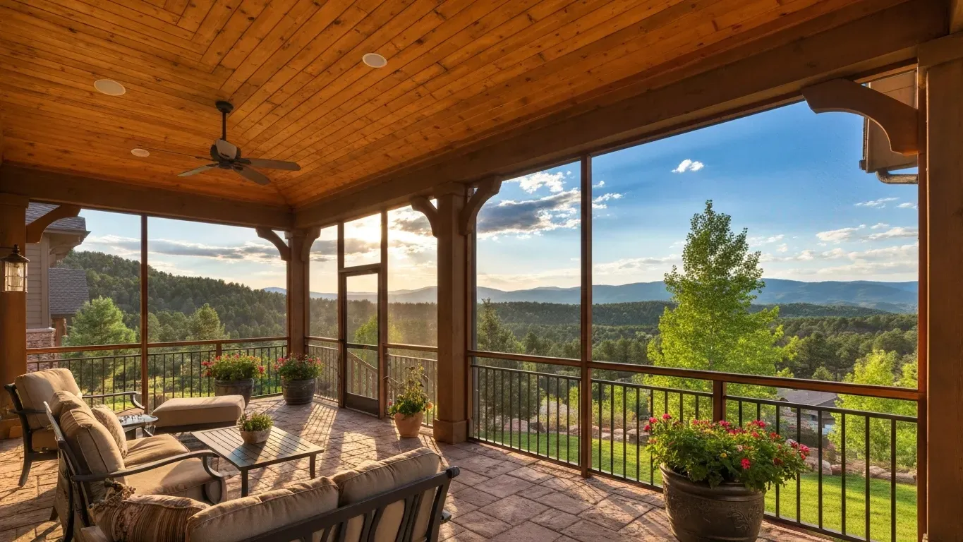 Screened porch with outdoor furniture overlooking a Colorado mountain landscape