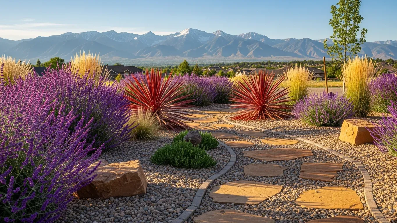 A xeriscaped front yard in Denver with drought-tolerant plants, gravel pathways, and Colorado mountain views