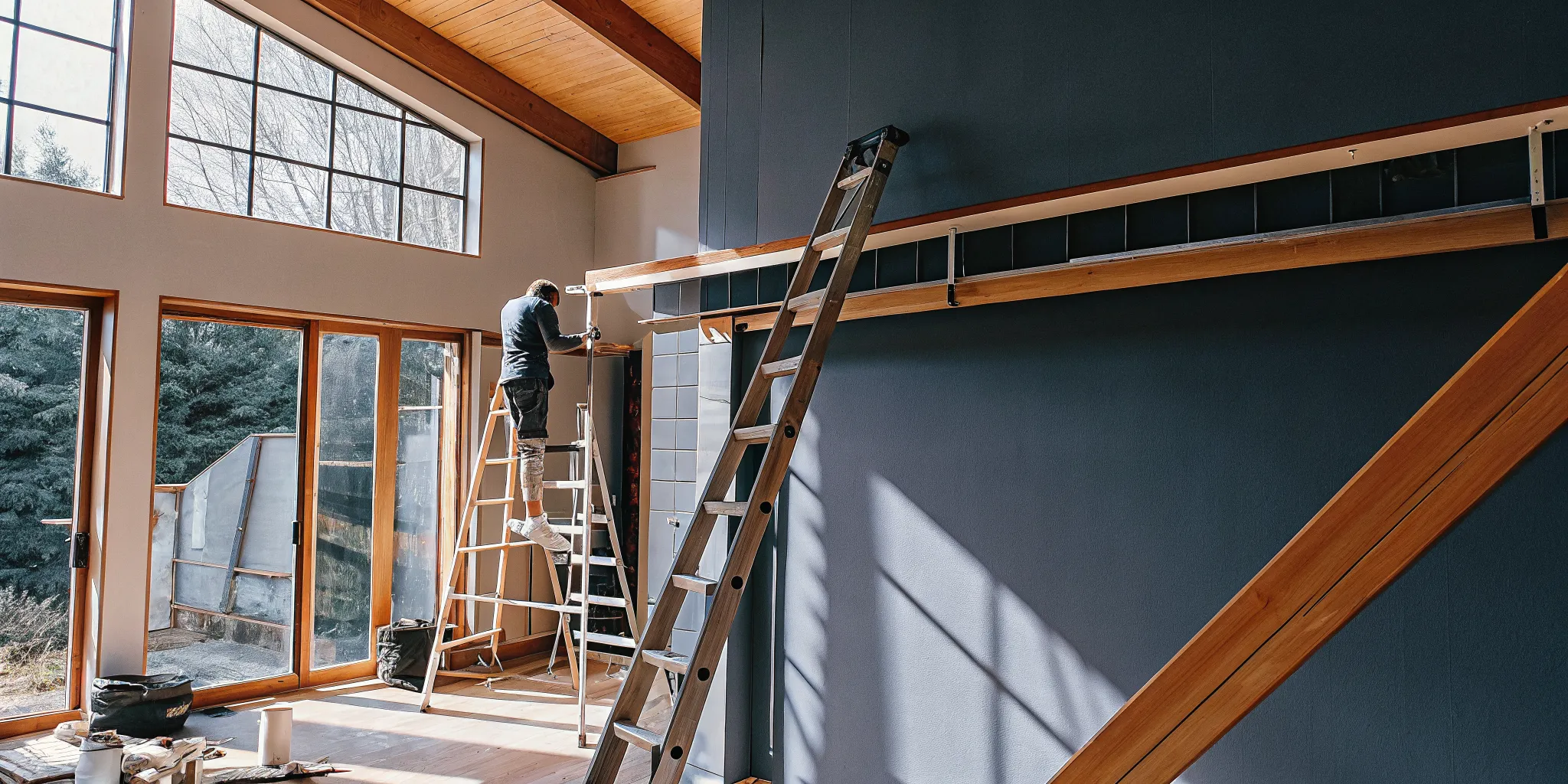 A professional painter on a ladder during a residential interior house painting service.