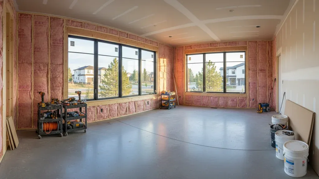 Garage conversion to living space Denver project with insulated framed walls and new windows