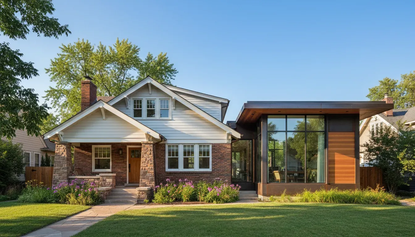 Denver home with a modern room addition extending from the side of the house