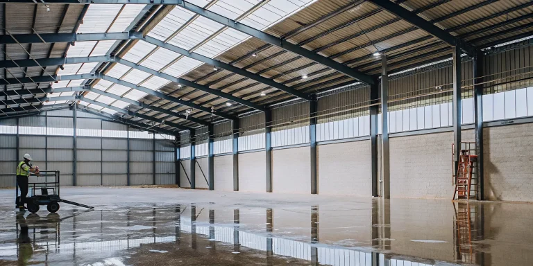 A clean, bright commercial warehouse with newly painted high ceilings and walls.