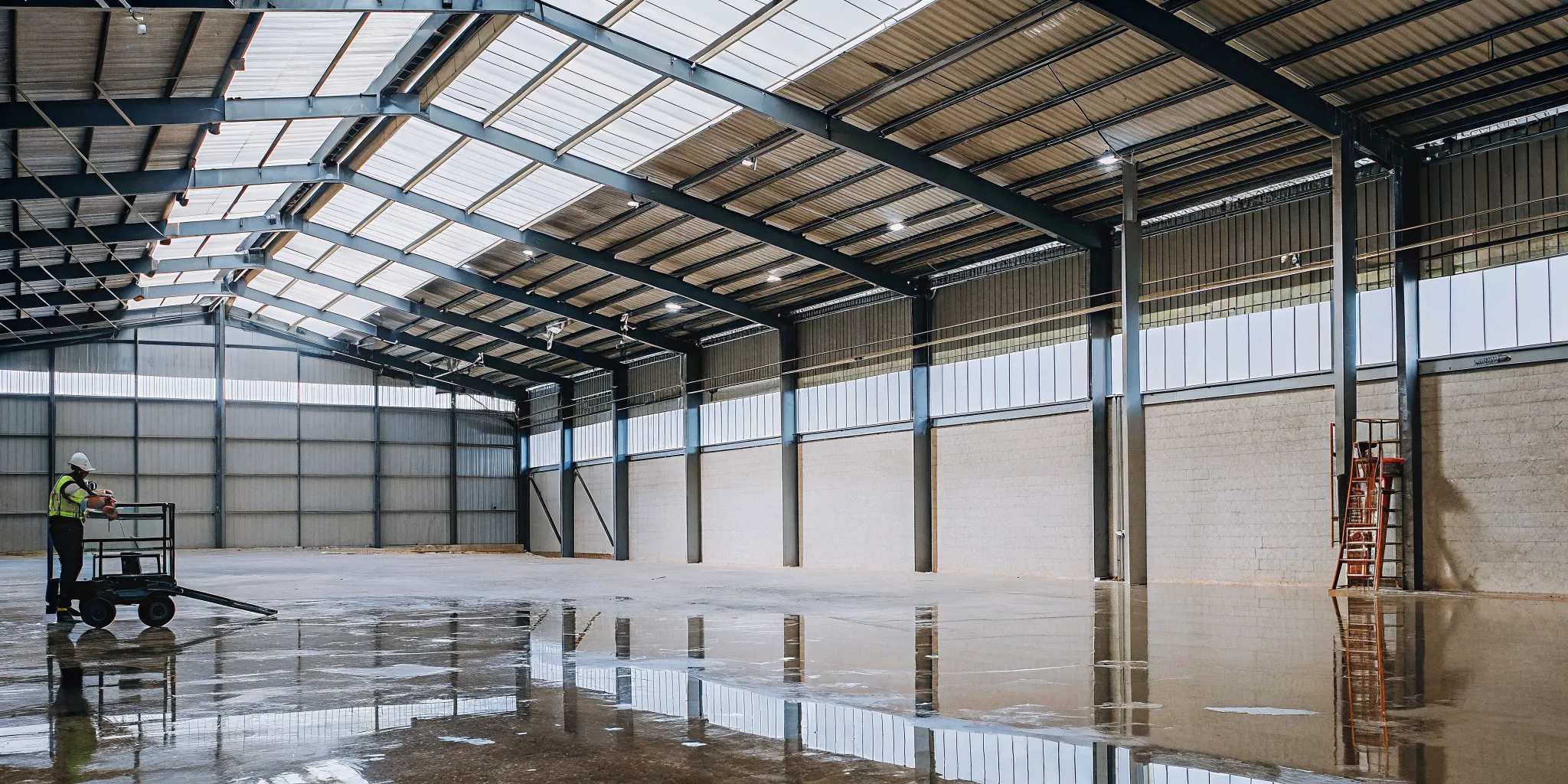 A clean, bright commercial warehouse with newly painted high ceilings and walls.