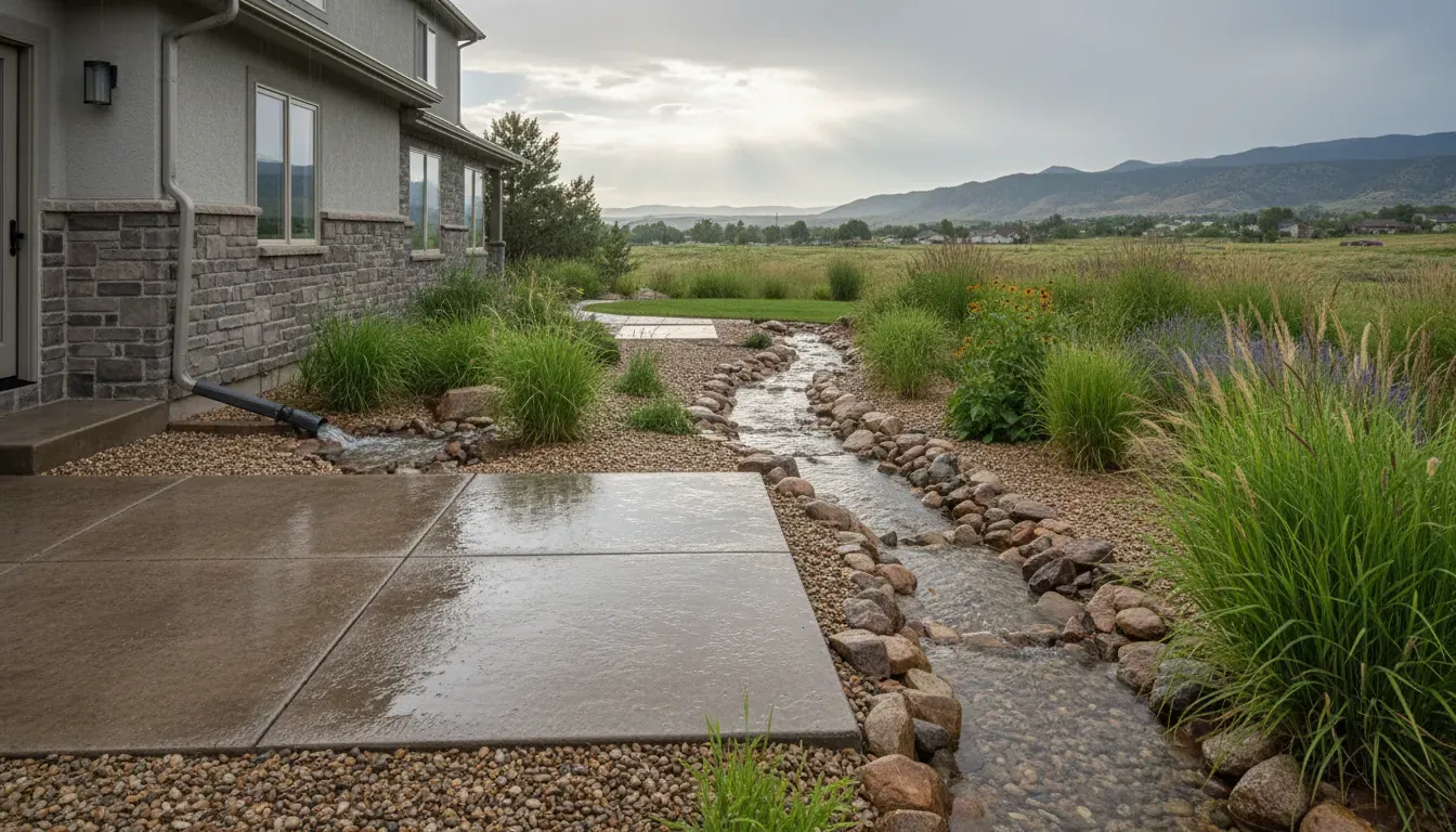 Water drainage solutions Denver yards with swale and hardscape patio