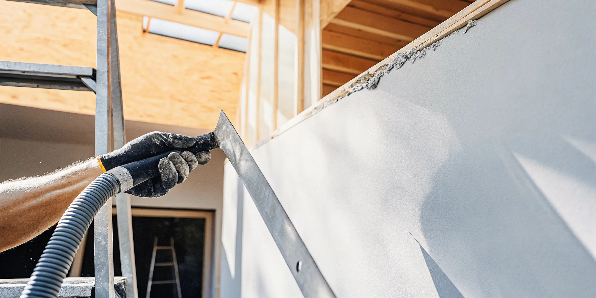 Residential drywall repair expert smoothing a wall before painting.