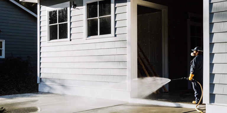 A house being pressure washed by a local painting and pressure washing service.