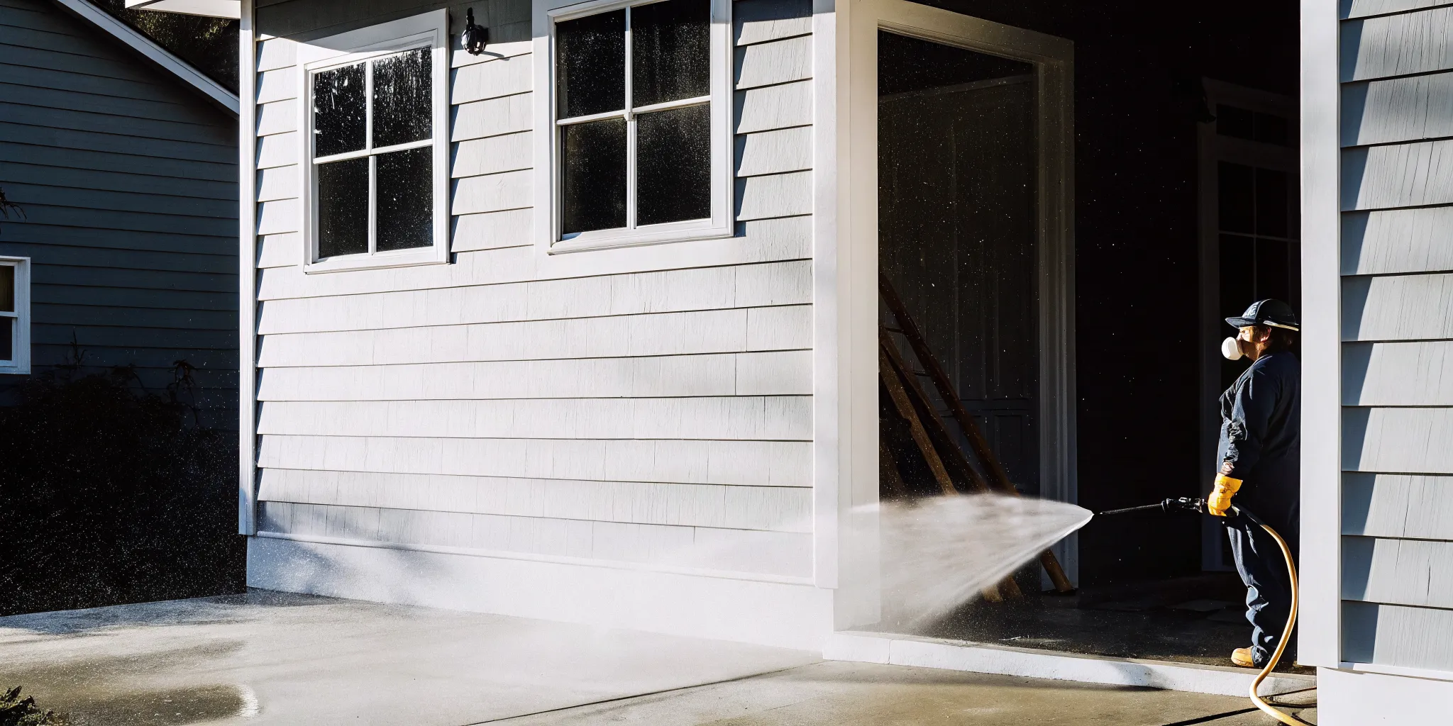 A house being pressure washed by a local painting and pressure washing service.