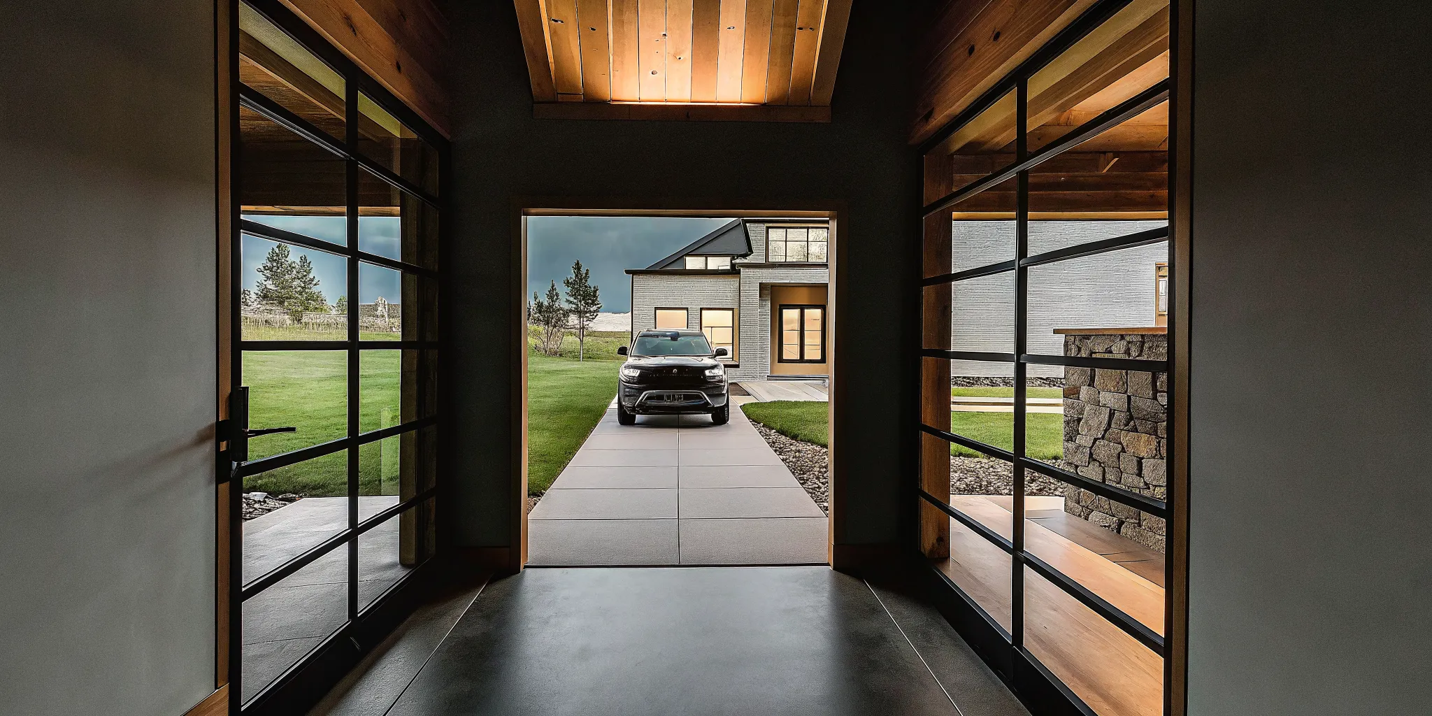 The front entryway of a modern home built by Front Range custom builders.