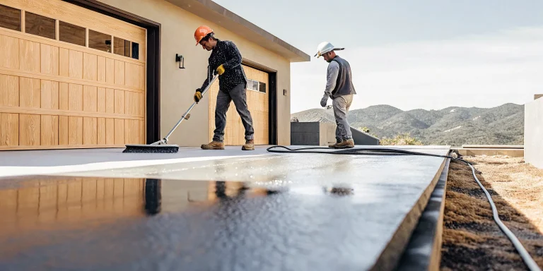 Concrete patio installation in Denver with workers smoothing the final surface