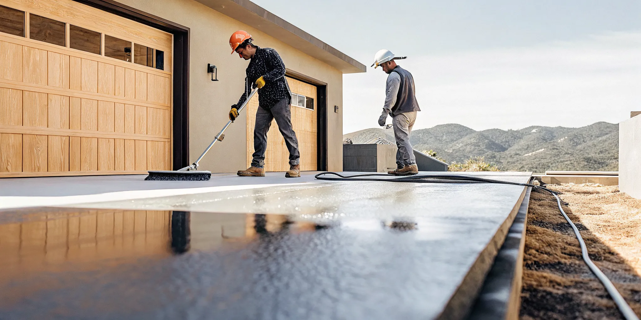 Concrete patio installation in Denver with workers smoothing the final surface