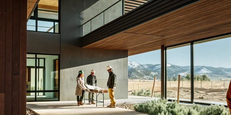 Denver custom home builders review architectural plans at a modern construction site with mountain views.