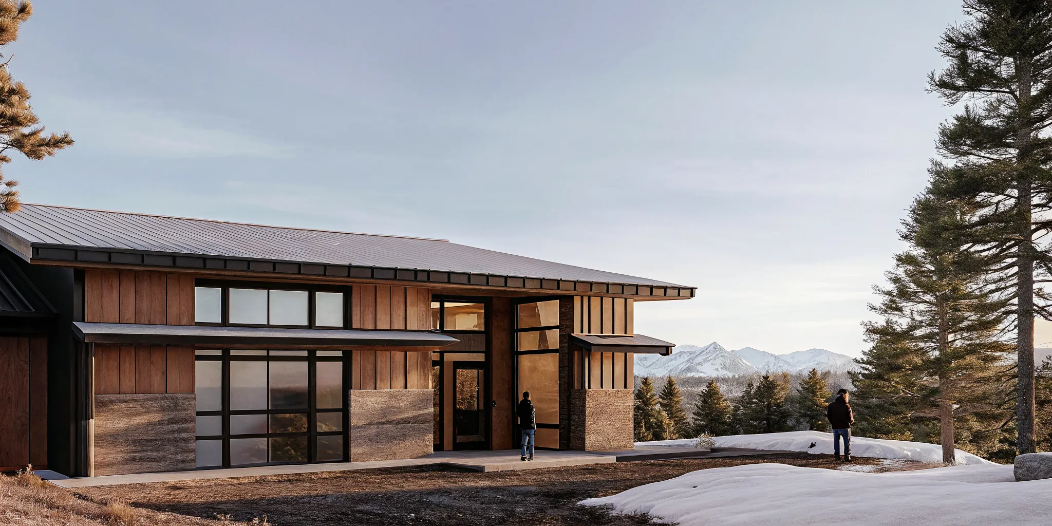 A modern Colorado mountain home with a wood and stone exterior, built by expert home builders in a snowy landscape.
