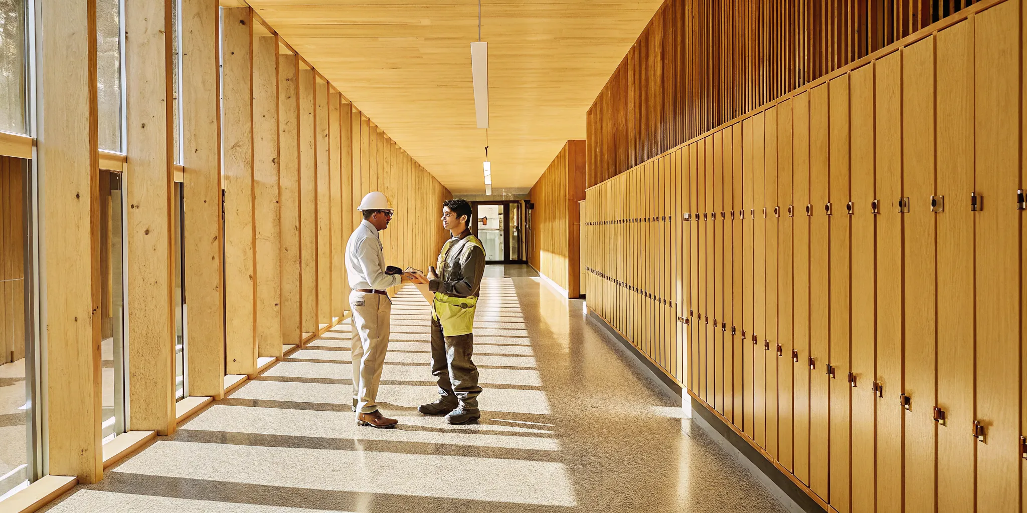 Commercial painting contractors for schools review plans in a hallway with lockers.