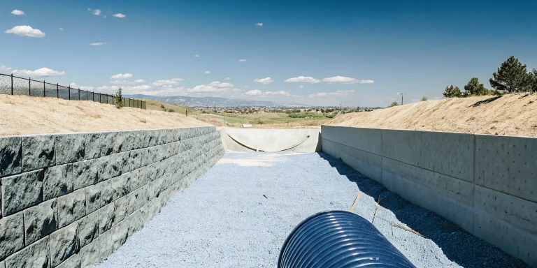 Cutaway view of a stone retaining wall drainage system