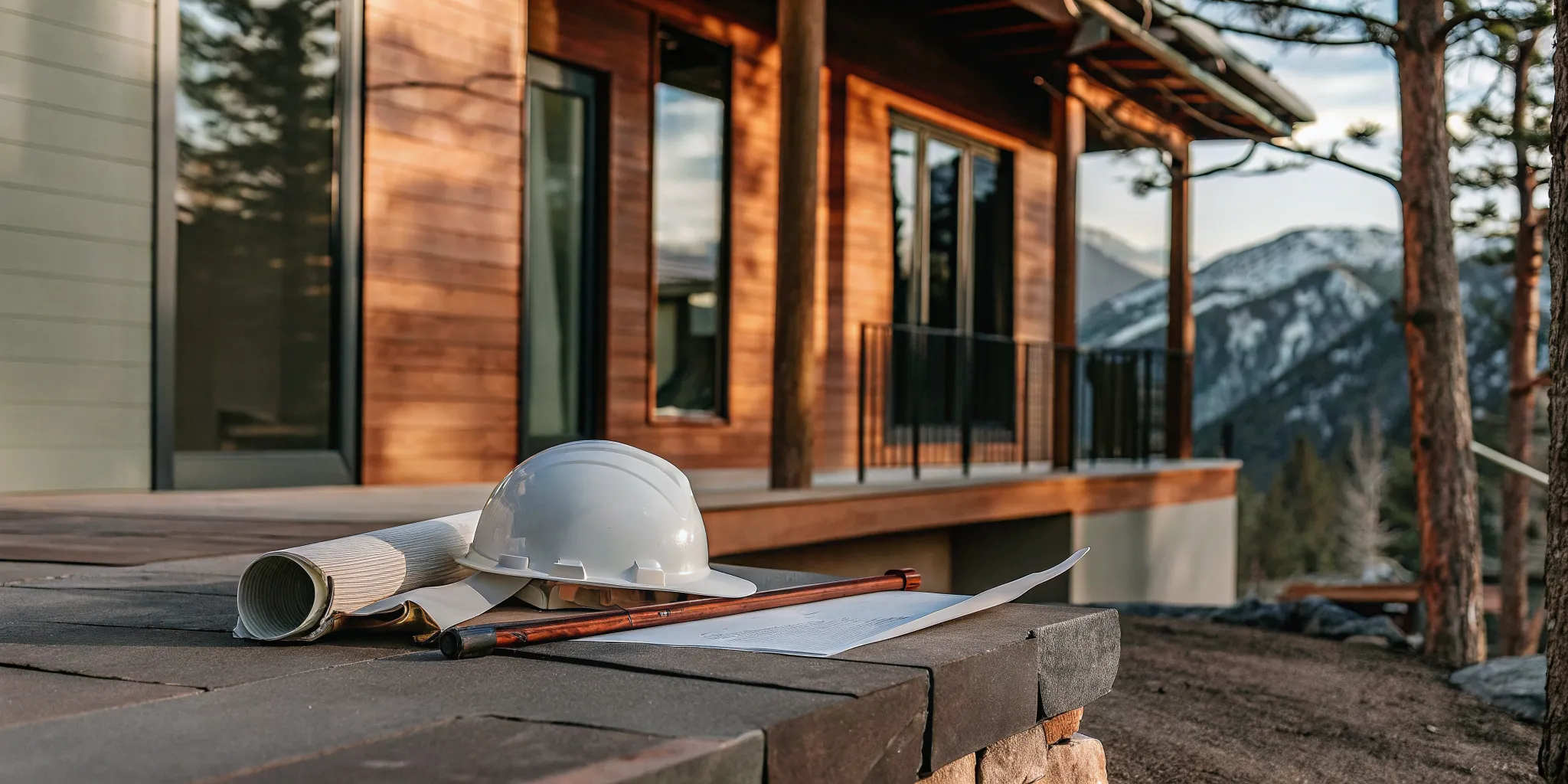 Hard hat and blueprints from Colorado custom home builders on a stone ledge with a mountain view.