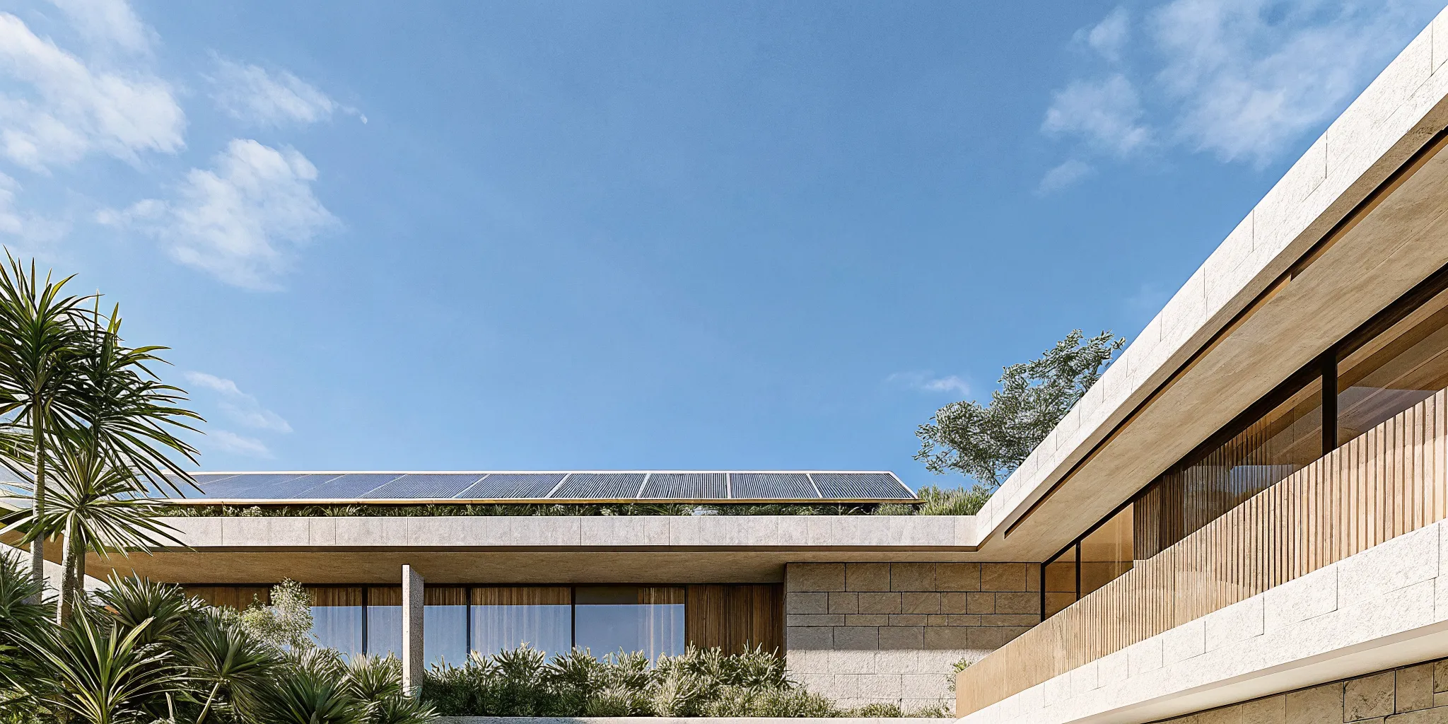 A modern green luxury home with solar panels and sustainable construction.