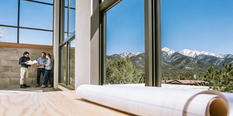 Denver smart home builders reviewing blueprints for a custom modern home with mountain views.