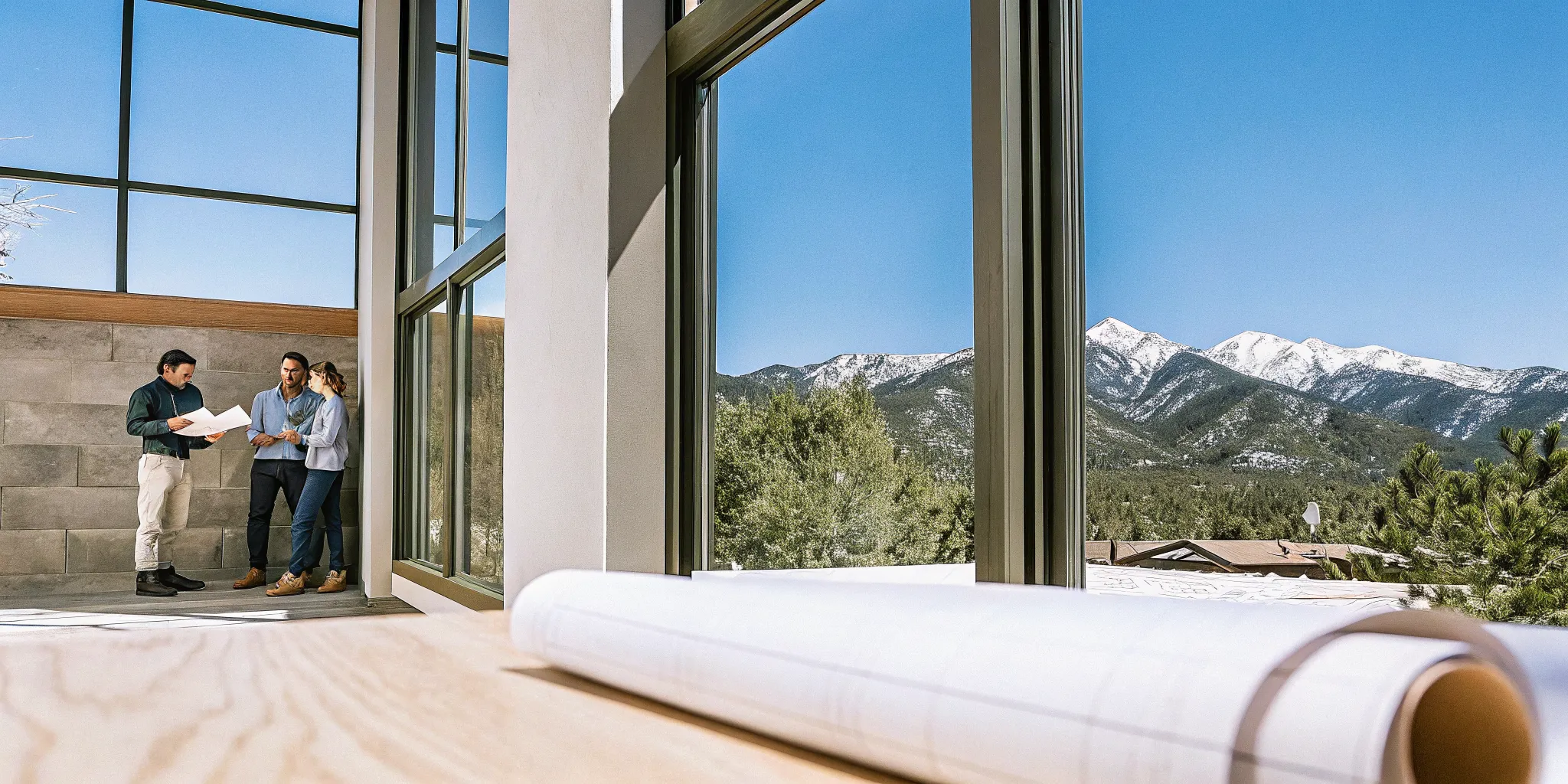 Denver smart home builders reviewing blueprints for a custom modern home with mountain views.