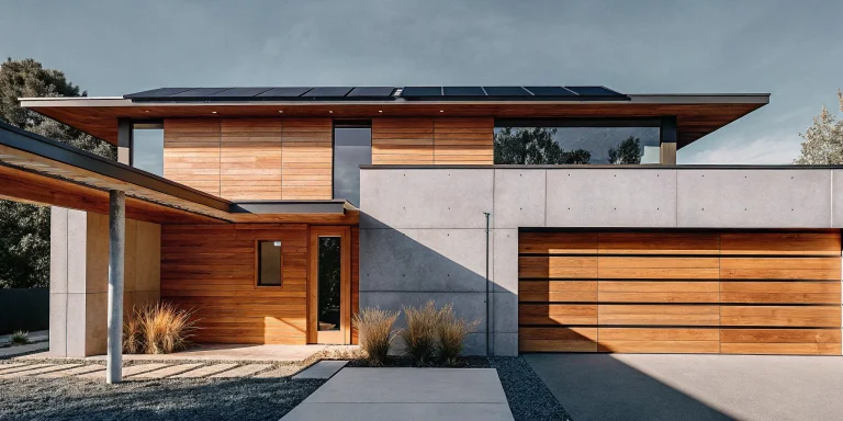 A modern sustainable luxury home with solar panels and a wood and concrete exterior.