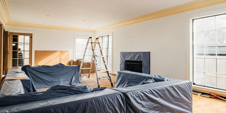 Denver homeowner preparing living room for construction with furniture covered in protective sheets