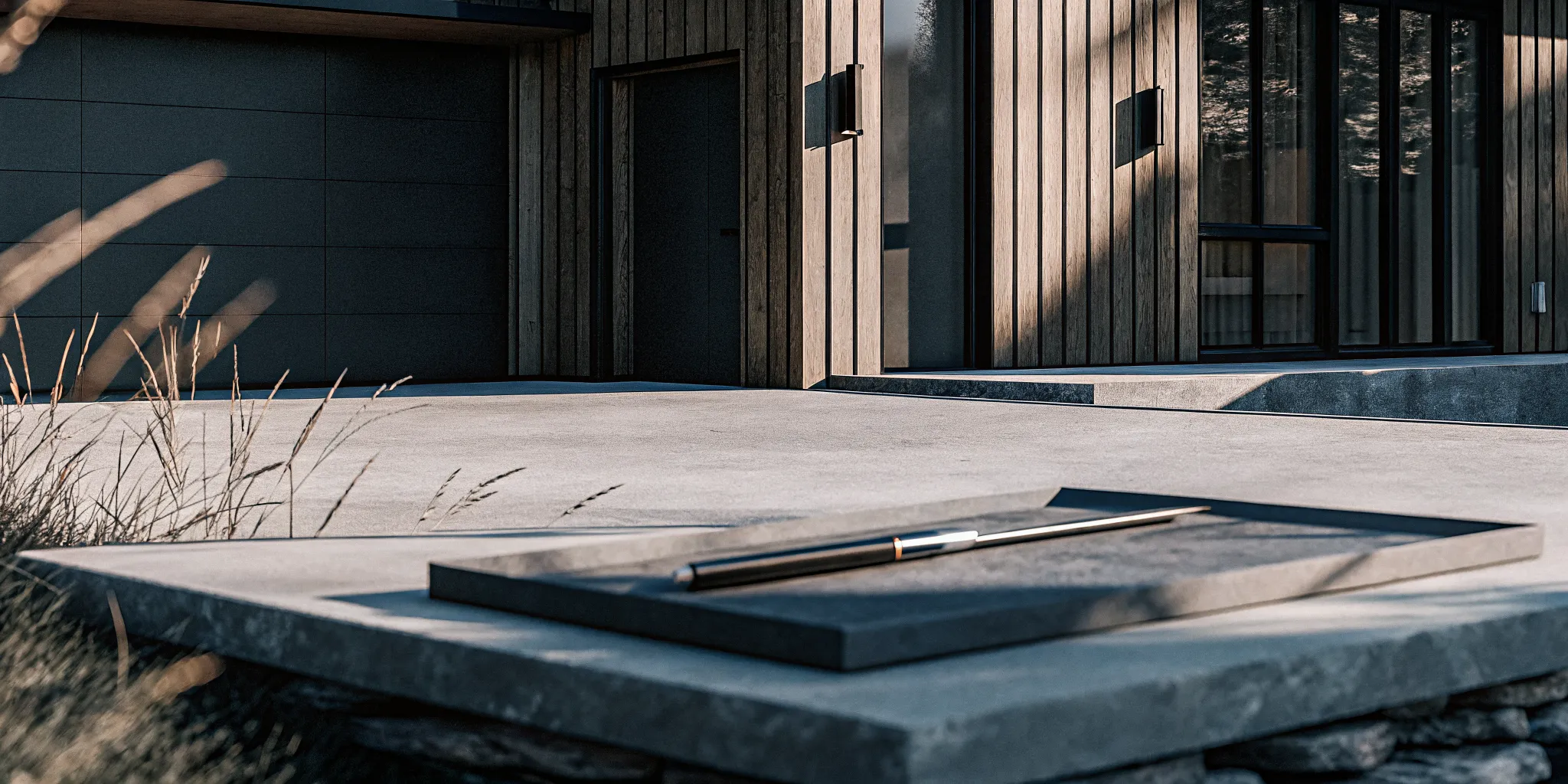 A modern home by Front Range custom builders with wood siding, large windows, and concrete hardscape.