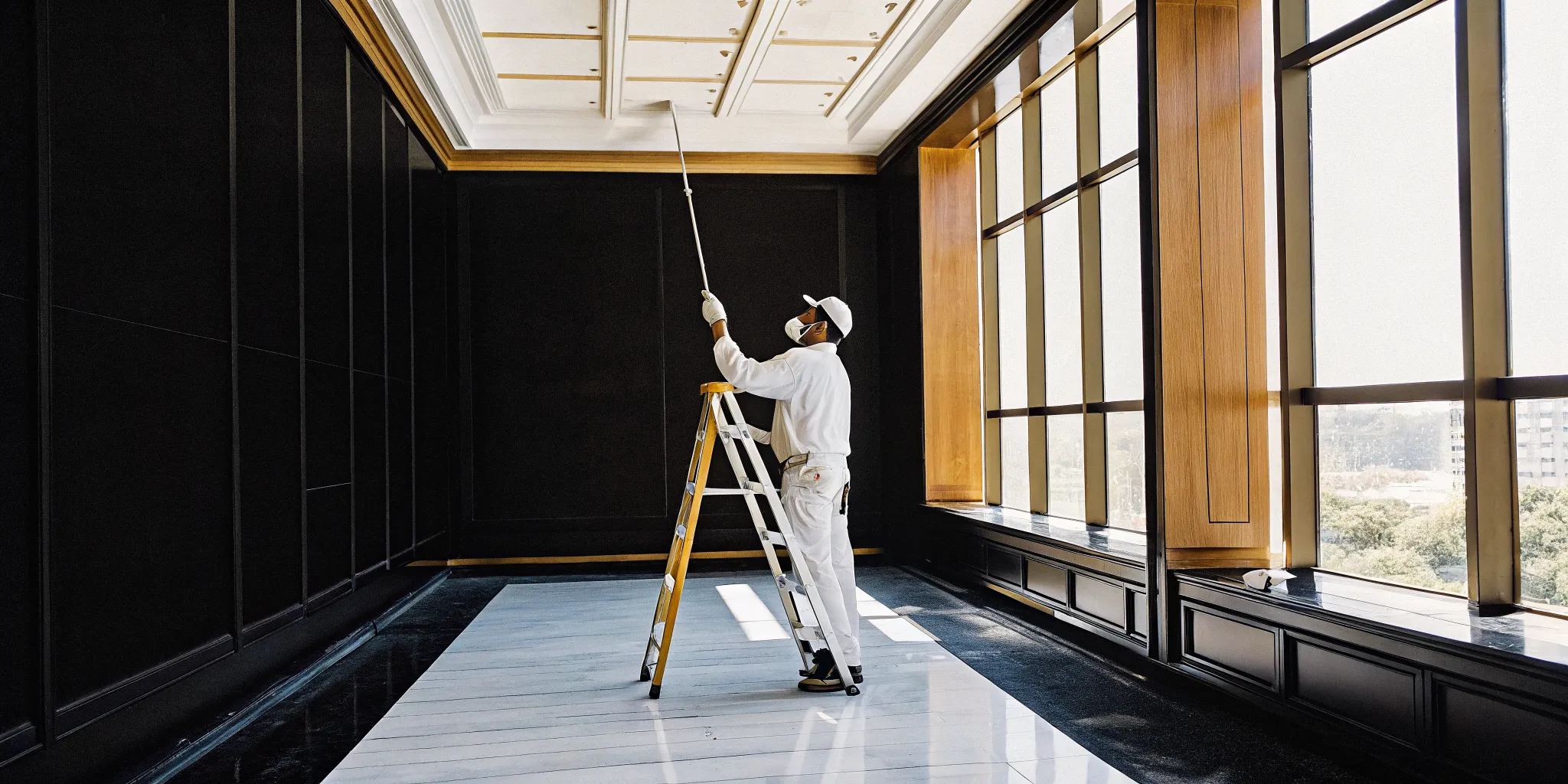 Professional commercial painter working in a Denver office building with high ceilings and natural light