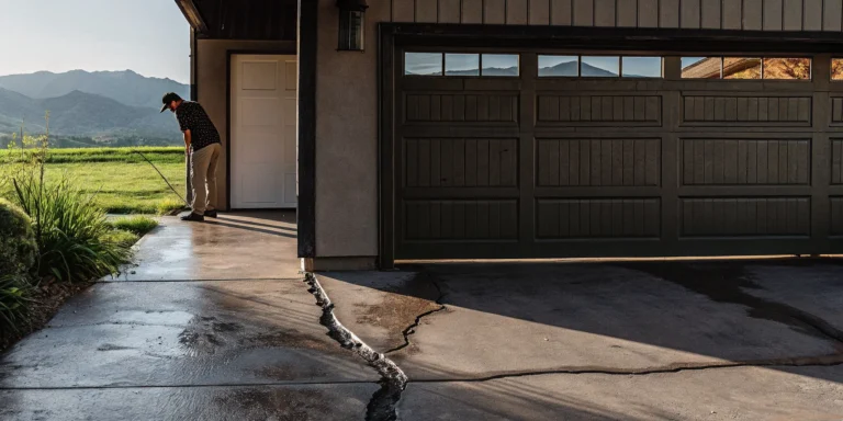 Homeowner inspecting concrete driveway surface cracks in Denver autumn setting with mountains in background