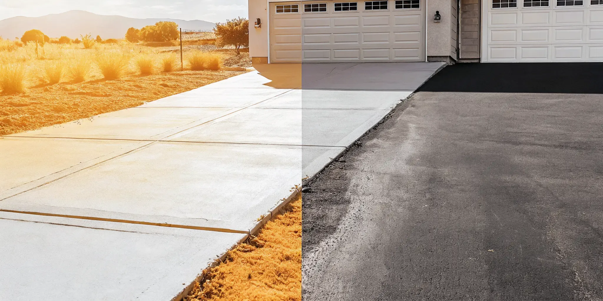 Split view of a concrete driveway with broom finish on one side and a smooth black asphalt driveway on the other side in a Denver neighborhood