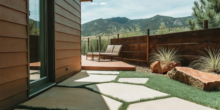 Denver patio comparing concrete, paver, and flagstone materials with mountain view