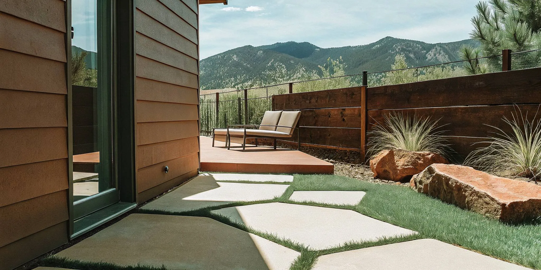 Denver patio comparing concrete, paver, and flagstone materials with mountain view