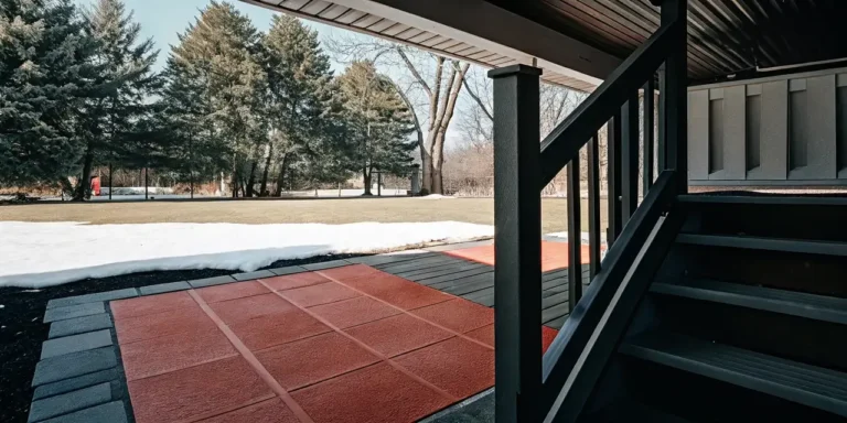 Well-built backyard deck with a dry patio below after snowmelt