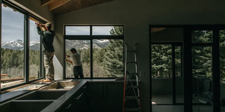 Modern home renovation in Denver with a kitchen being remodeled featuring natural light and skilled contractors at work