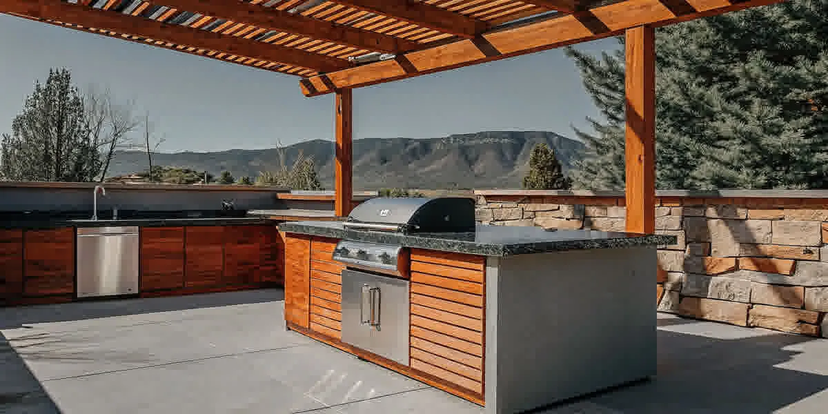 Modern outdoor kitchen with stainless steel grill, granite countertops, stone veneer island, and pergola in a Denver backyard