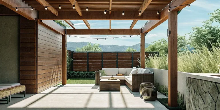 Modern backyard pergola with comfortable outdoor furniture and string lights in a Denver home