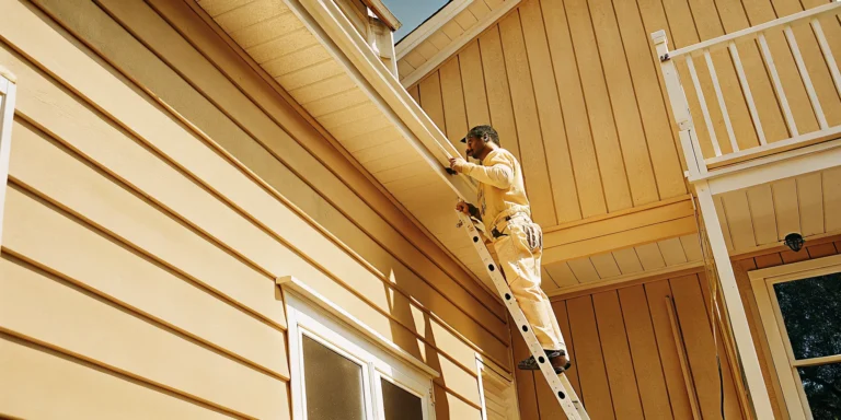 Professional painter working on exterior trim of a two-story Denver home