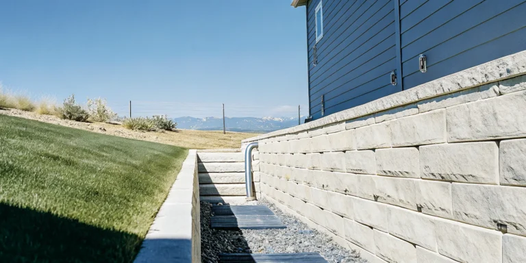 Stone retaining wall on a sloped residential yard in Denver with interlocking concrete blocks and drainage gravel behind the wall