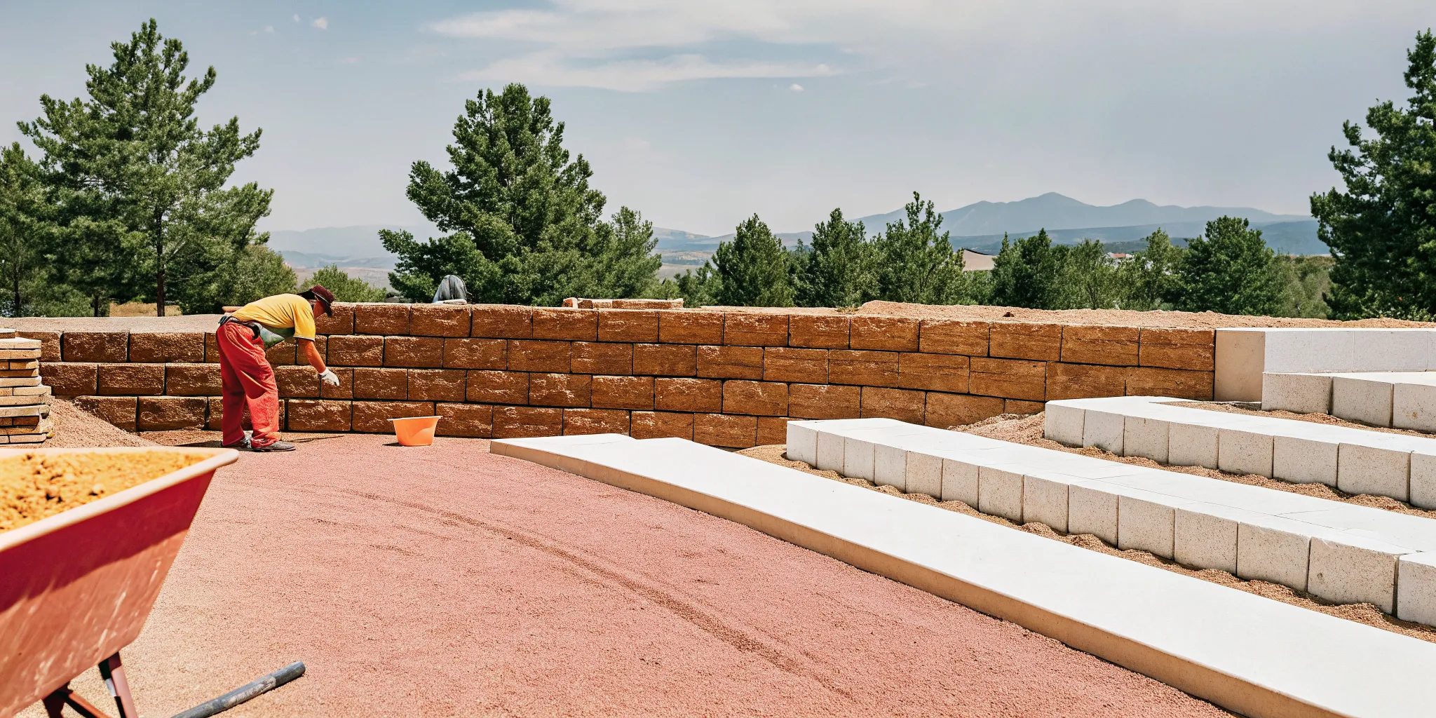 Natural stone retaining wall installation in a Denver backyard with Colorado mountain landscape