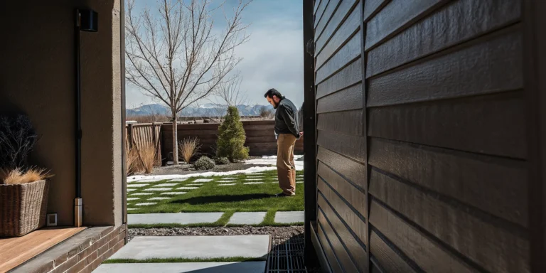 Denver homeowner inspecting backyard patio and outdoor living space on a bright early spring day with mountains in the distance