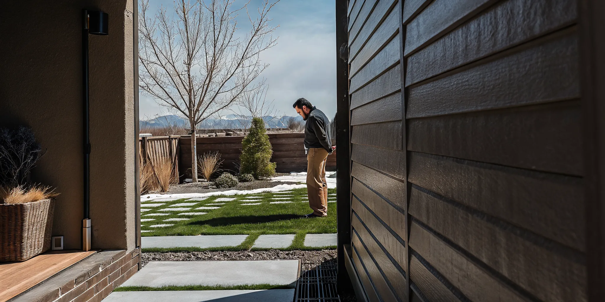Denver homeowner inspecting backyard patio and outdoor living space on a bright early spring day with mountains in the distance
