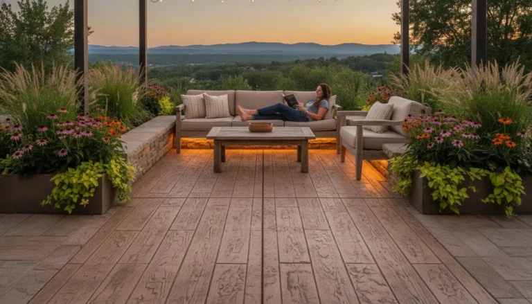 Backyard concrete patio with stamped finish and outdoor living furniture