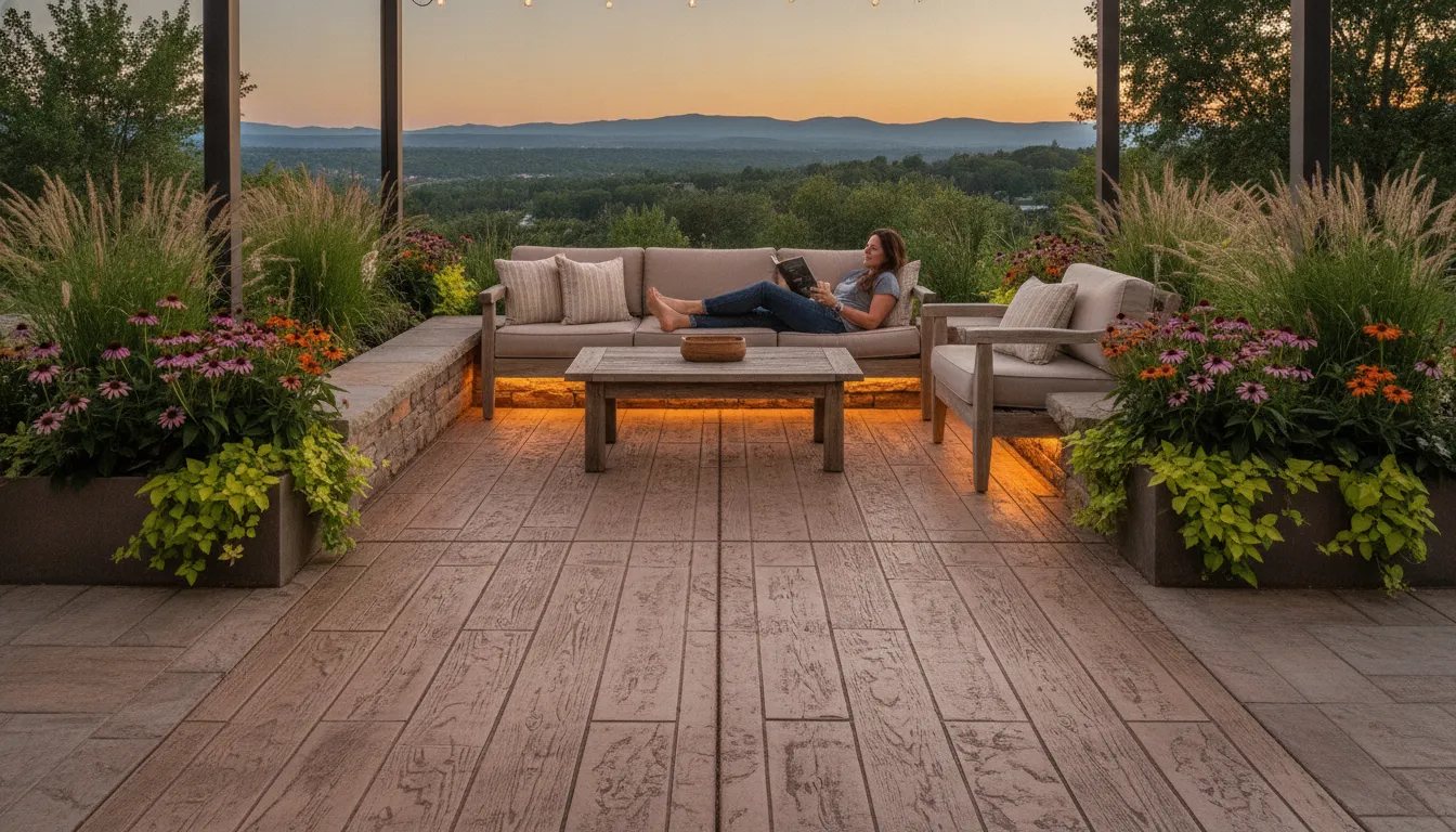 Backyard concrete patio with stamped finish and outdoor living furniture