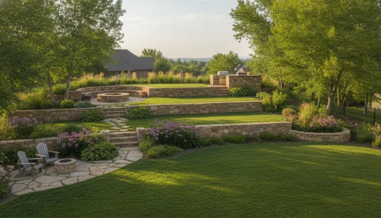 Stacked stone retaining wall terracing a sloped Denver backyard with garden beds between tiers