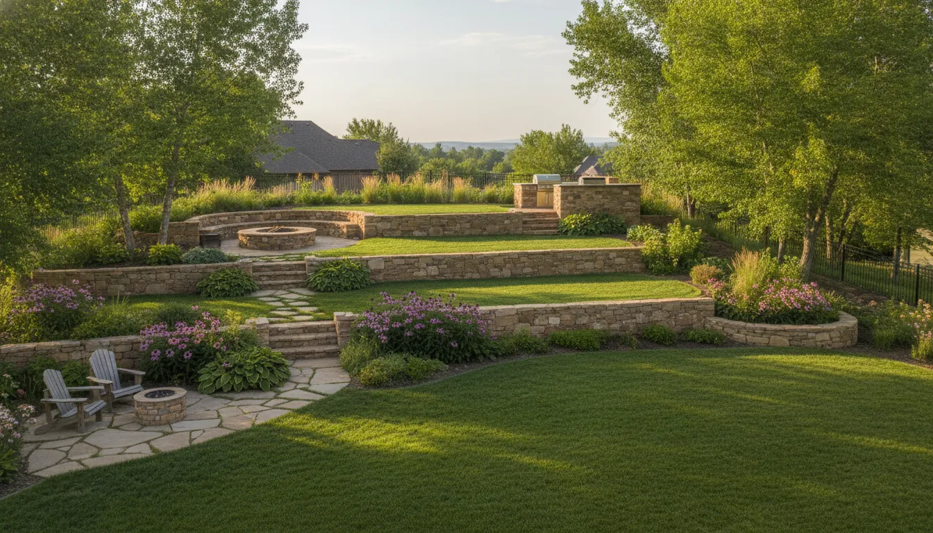 Stacked stone retaining wall terracing a sloped Denver backyard with garden beds between tiers