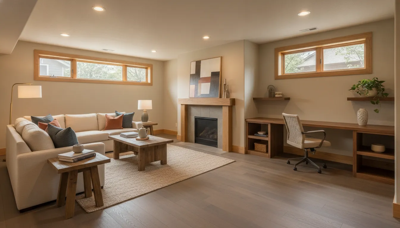 Bright finished basement planned by basement finishing contractors in Denver
