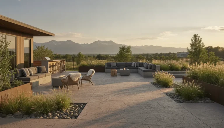 Cement patio ideas pictures showing a warm gray textured patio in a Denver Metro backyard