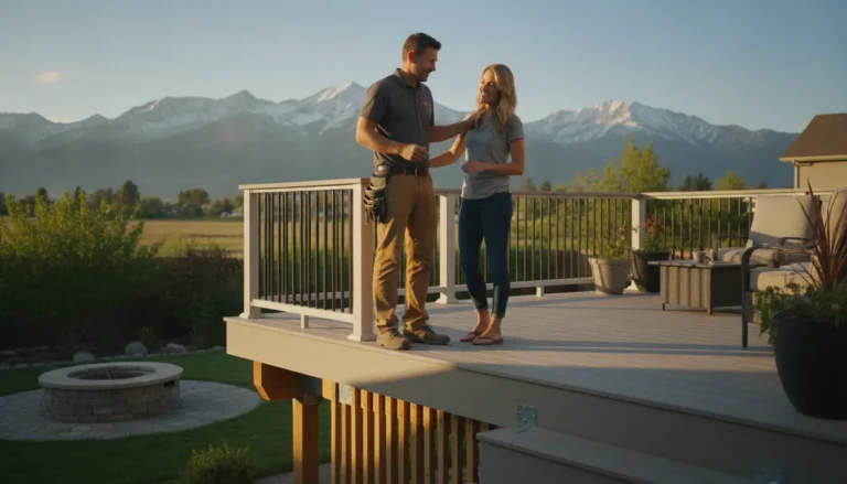 Composite deck builder reviewing a completed deck with a homeowner